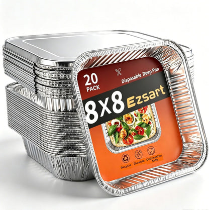 8x8 Aluminum Pans - 20 Pack Disposable Foil Pans, Heavy Duty Square Aluminum Baking & Roasting Trays for Meal Prep, Food Storage, Heating & Party Serving