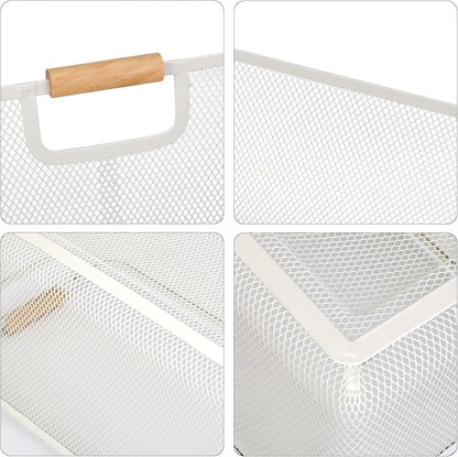 Wire Basket, 3 Pack Metal Mesh Pantry Basket with Wooden Handle for Organizing, 3 Sizes Black Wire Steel Bins Pantry Organizers and Storage, Kitchen Fruit Containers for Shelves Cabinets Organization
