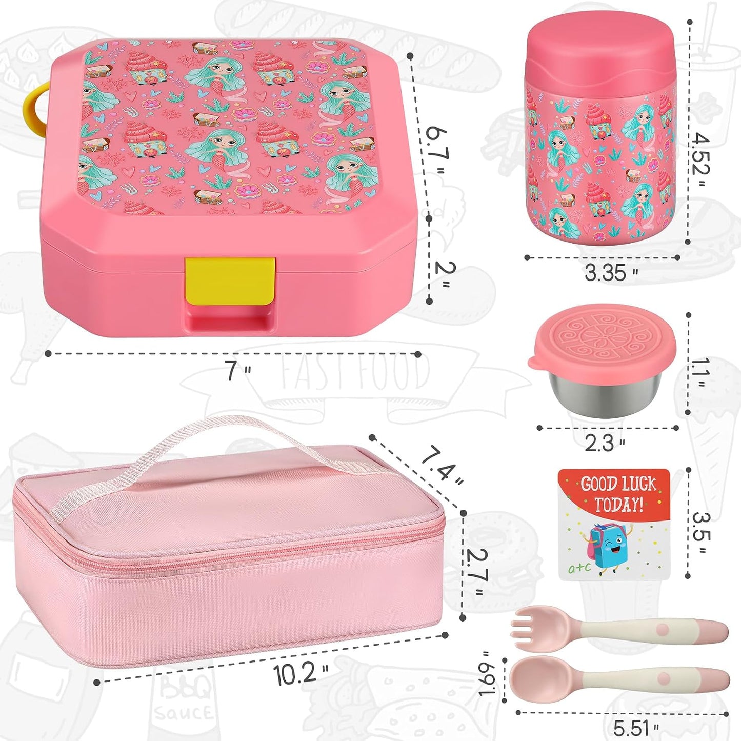 Itslife Bento Lunch Box Set for Kids with 12oz Soup Thermo&Lunch Bag, Leak-Proof Lunch Food Containers for Kids School, 5 Compartment, Sauce Cup, 10 Notes (Dinosaurs Black)