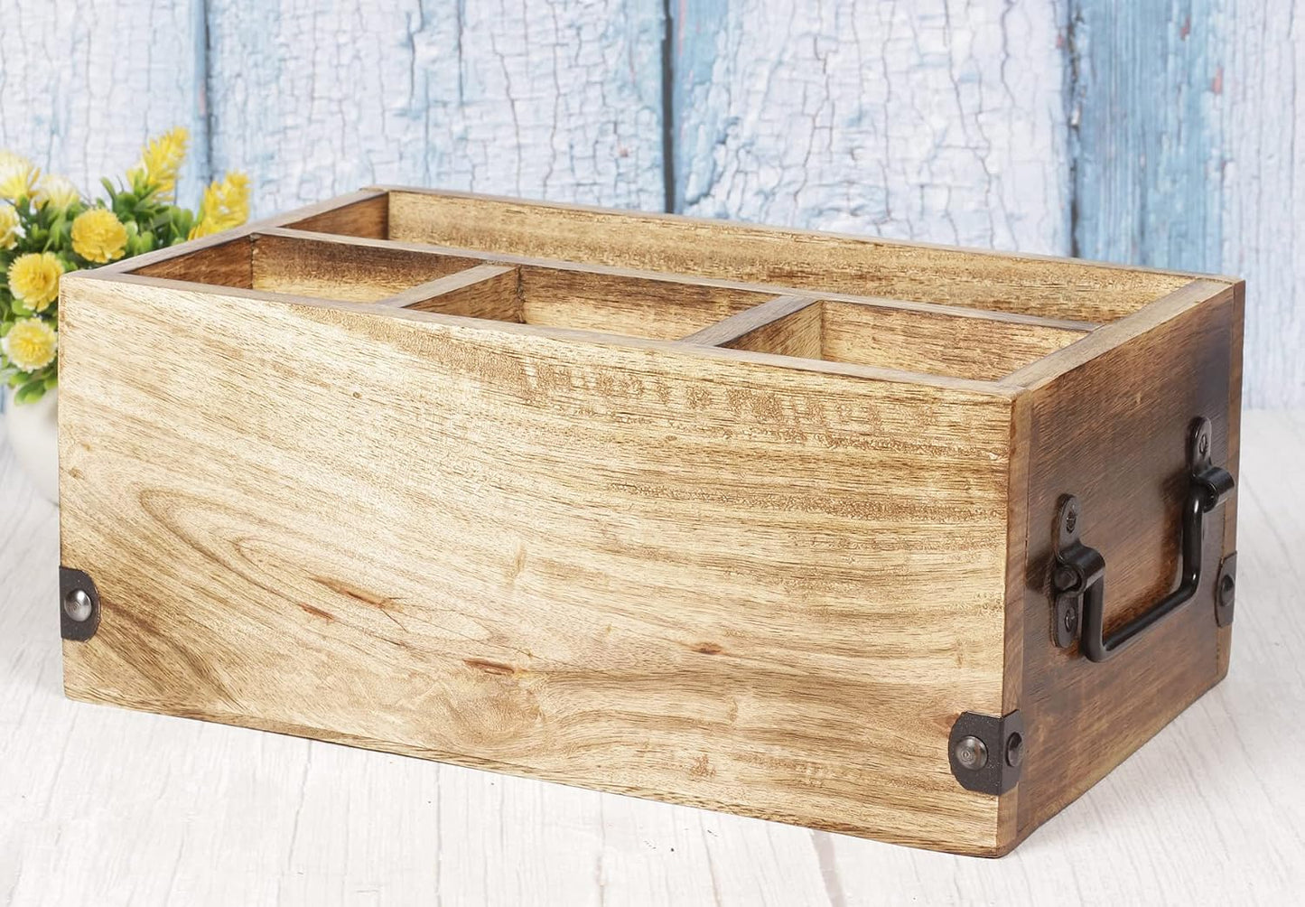 Mother's Day Gifts Wooden Kitchen Utensil Holder With 4 Compartments Wood Cutlery Utensil Organiser Flatware Caddy Organizer for Party | Silverware Condiment Organizer with Napkin Holder for Dining
