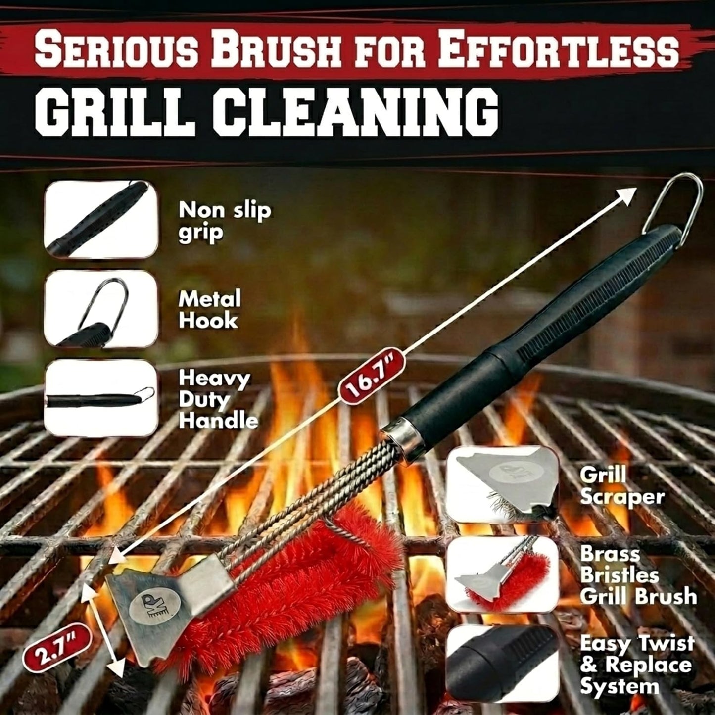 KITCHEN PERFECTION GrillSaver - Safe BBQ Grill Brush for Outdoor Grill with Replaceable Cleaning Head -Heavy-Duty Grill Cleaner with Scraper for All Grates +2 Bonuses -Best Grilling Gifts for Men