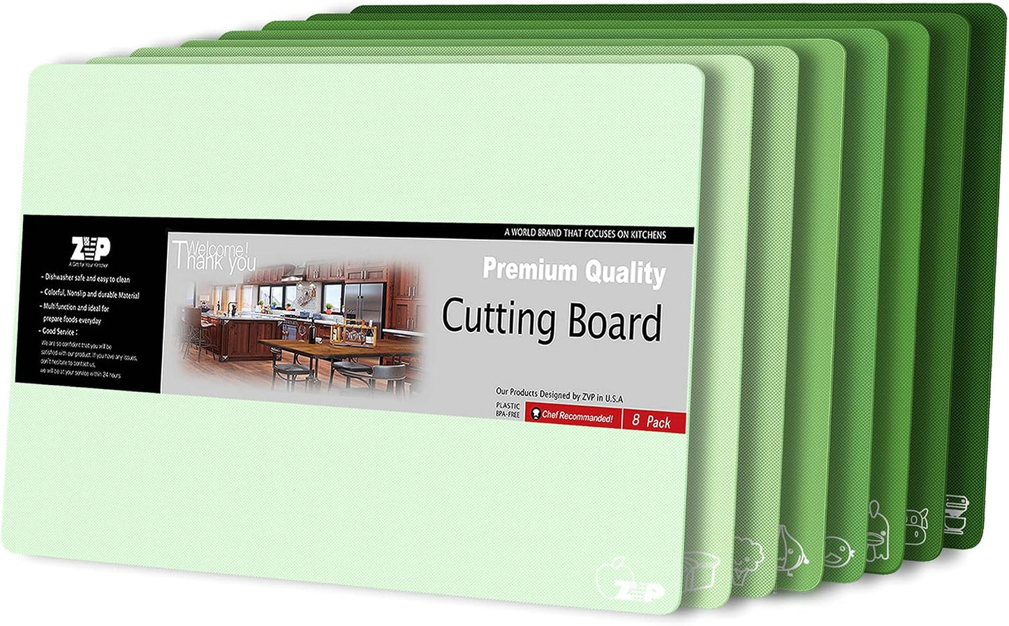 ZVP Plastic Cutting Boards for Kitchen, Flexible Cutting Mats, Colorful Chopping Boards with Food Icon, Non-Slip, Non Porous, BPA Free, Dishwasher Safe Rainbow