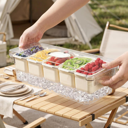 Jucoan Large Ice Chilled Condiment Server with Lid, 5 Compartment Chilled Condiment Caddy, Taco Bar Serving Tray, Garnish Holder Tray for Bartenders Mimosa Salad Soda Bar Supplies, 2 Tongs, 5 Forks