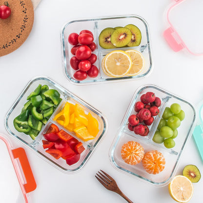 5-Pack,3 Compartment Glass Meal Prep Containers Set,34oz, Divided Food Storage Containers with Lids, Glass Lunch Box with 3 Dividers