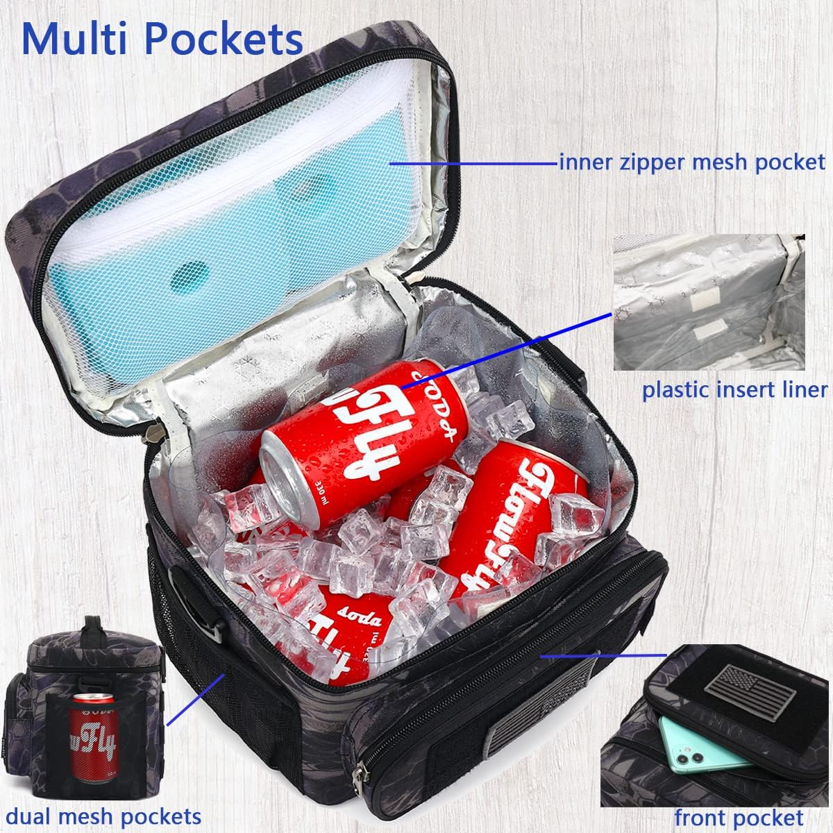FlowFly Lunch Bag, Insulated Cooler, Thermal Lunch Box Tote with MOLLE/PALS Webbing, Adjustable Padded Shoulder Strap, for Tactical Men Women Adults and Boys Girls Kids (Cyan, Medium)