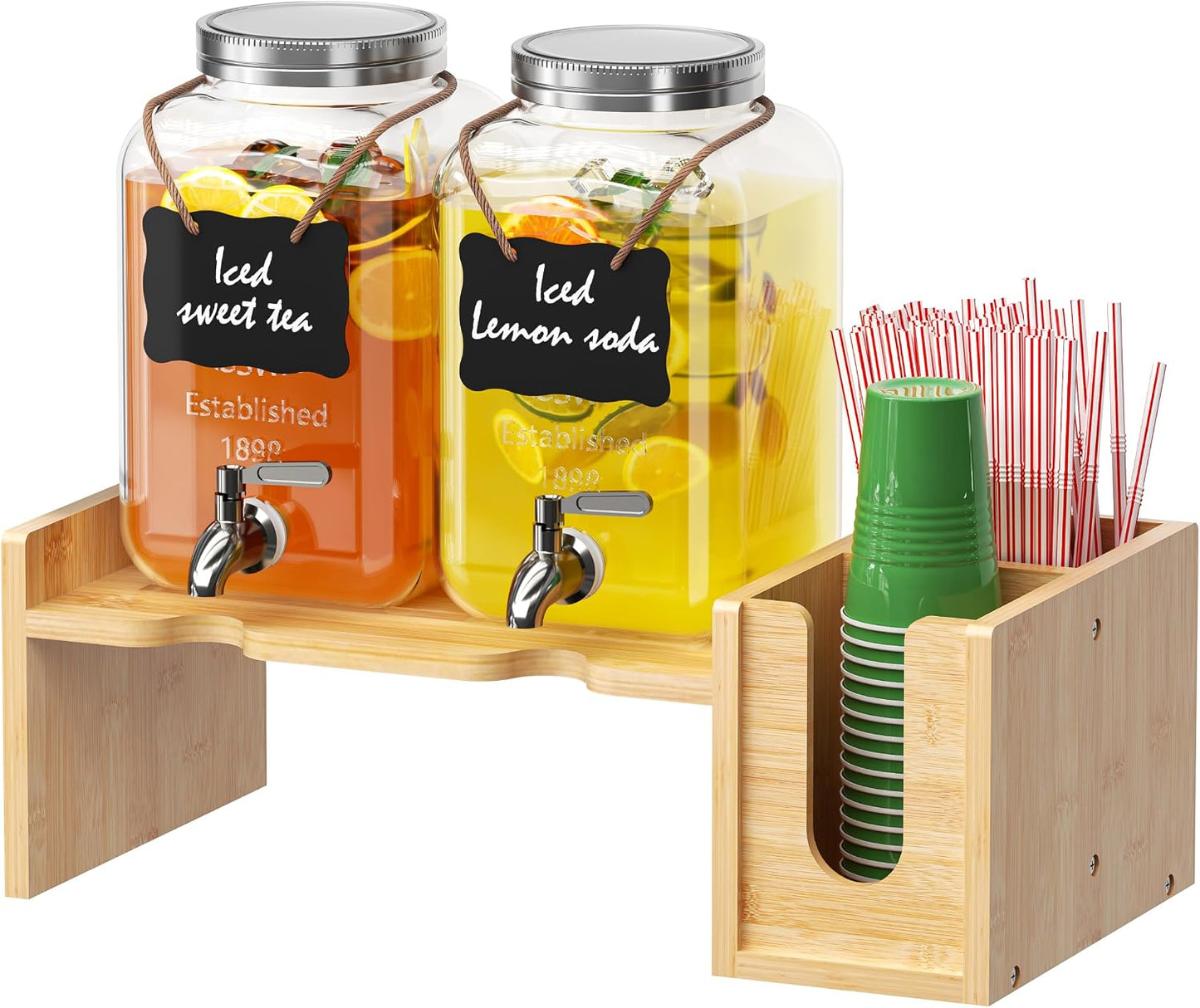 2-pack 1 Gallon Drink Dispenser,Glass Beverage Dispenser with Spigot,Lemonade dispenser Bamboo Stand for Outside, Glass Drink Dispensers for Parties with Ice Core