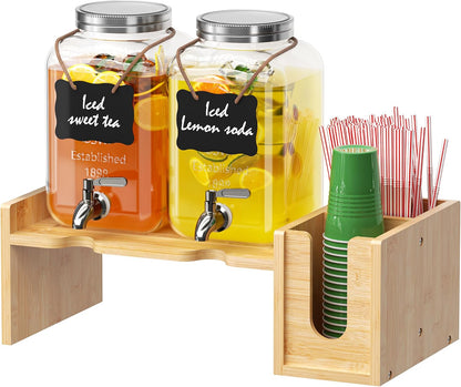 2-pack 1 Gallon Drink Dispenser,Glass Beverage Dispenser with Spigot,Lemonade dispenser Bamboo Stand for Outside, Glass Drink Dispensers for Parties with Ice Core