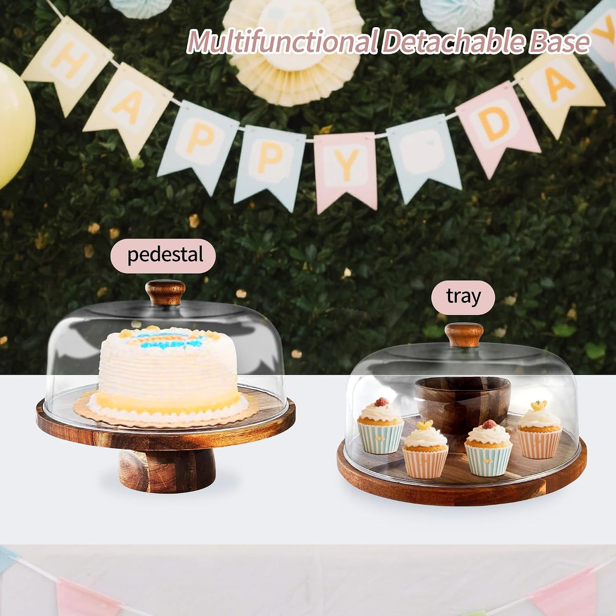 Acacia-Wood-Cake-Stand With Acrylic Lid, Rectangular Cake Plates Charcuterie Board With Cover, 2-in-1 Cake Holder With Dome，Dessert Table Display Stand For Cheese, Chips & Dips, Nachos, Fruit Platter
