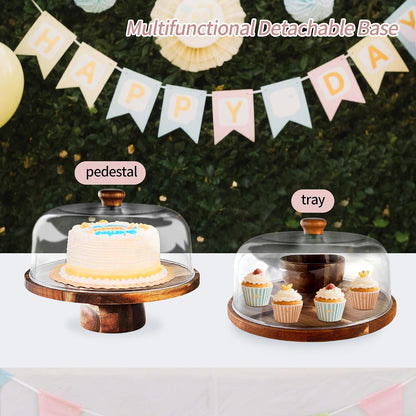 Acacia-Wood-Cake-Stand With Acrylic Lid, Rectangular Cake Plates Charcuterie Board With Cover, 2-in-1 Cake Holder With Dome，Dessert Table Display Stand For Cheese, Chips & Dips, Nachos, Fruit Platter