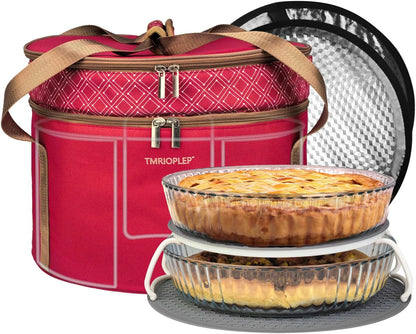 Pie Carrier With A Lid And Handle, With A Hard Edge That Won'T Collapse, Round Insulated Casserole Carrier,It Is Suitable For The Safe Transportation Of Cold And Hot Food (Red)