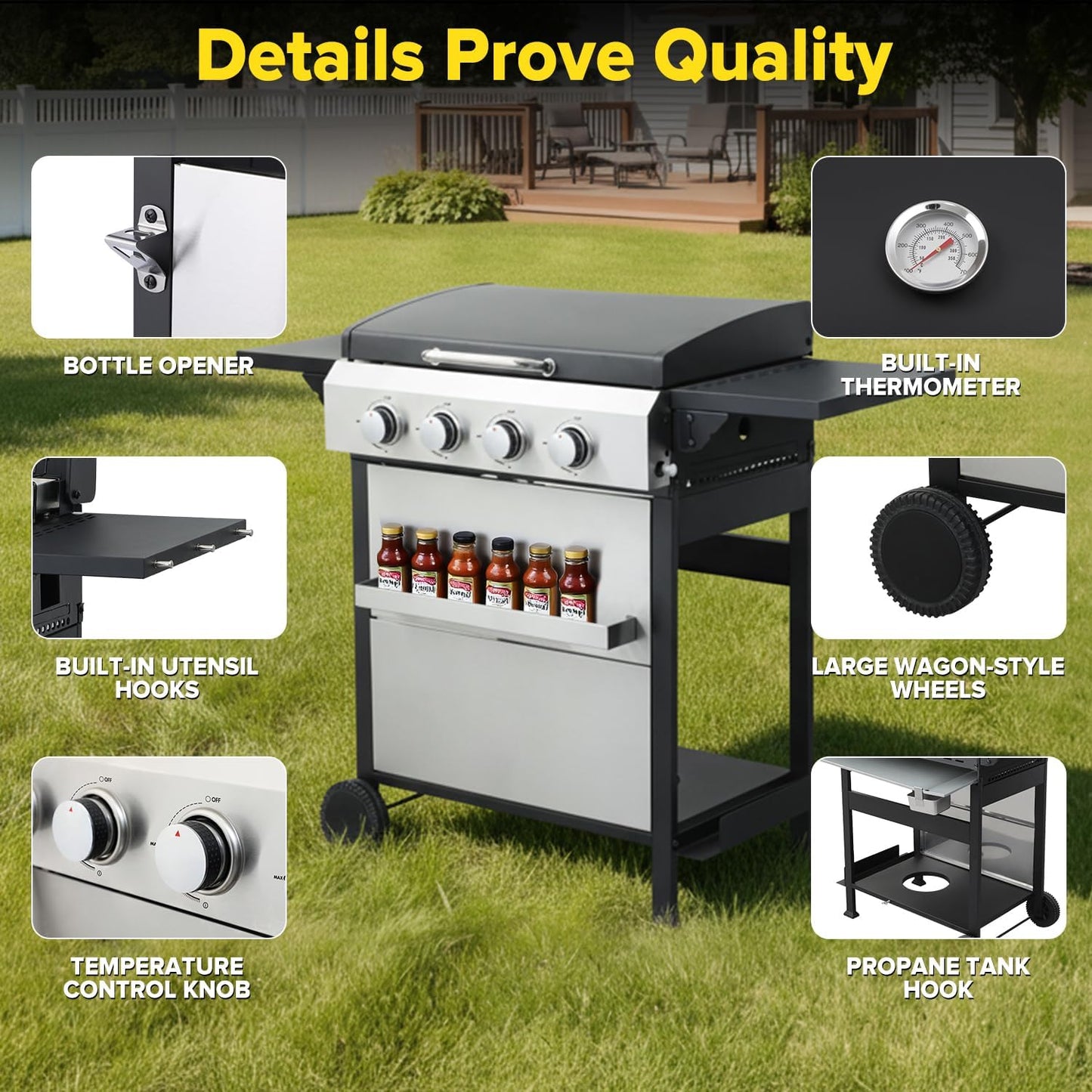 CIG GARDEN 3-Burner Gas Grill & Griddle Combo, 2-in-1 Propane BBQ with Stainless Steel Griddle, Cast Iron Grates & Lid - 30,000 BTU Flat Top for Patio, Backyard, Camping