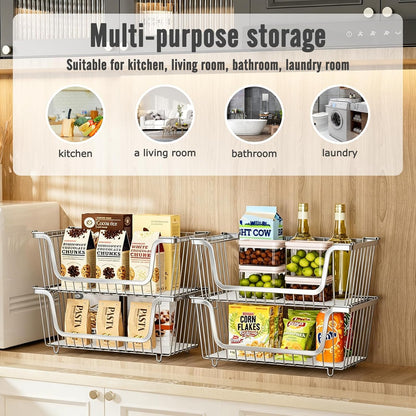 GAOKASE 4 Pcs Stackable Wire Baskets for Pantry Organizers and Storage,Vegetable Fruit Basket for Countertop,Kitchen Storage Metal Baskets,Produce Potato Onion Storage Bin-Black