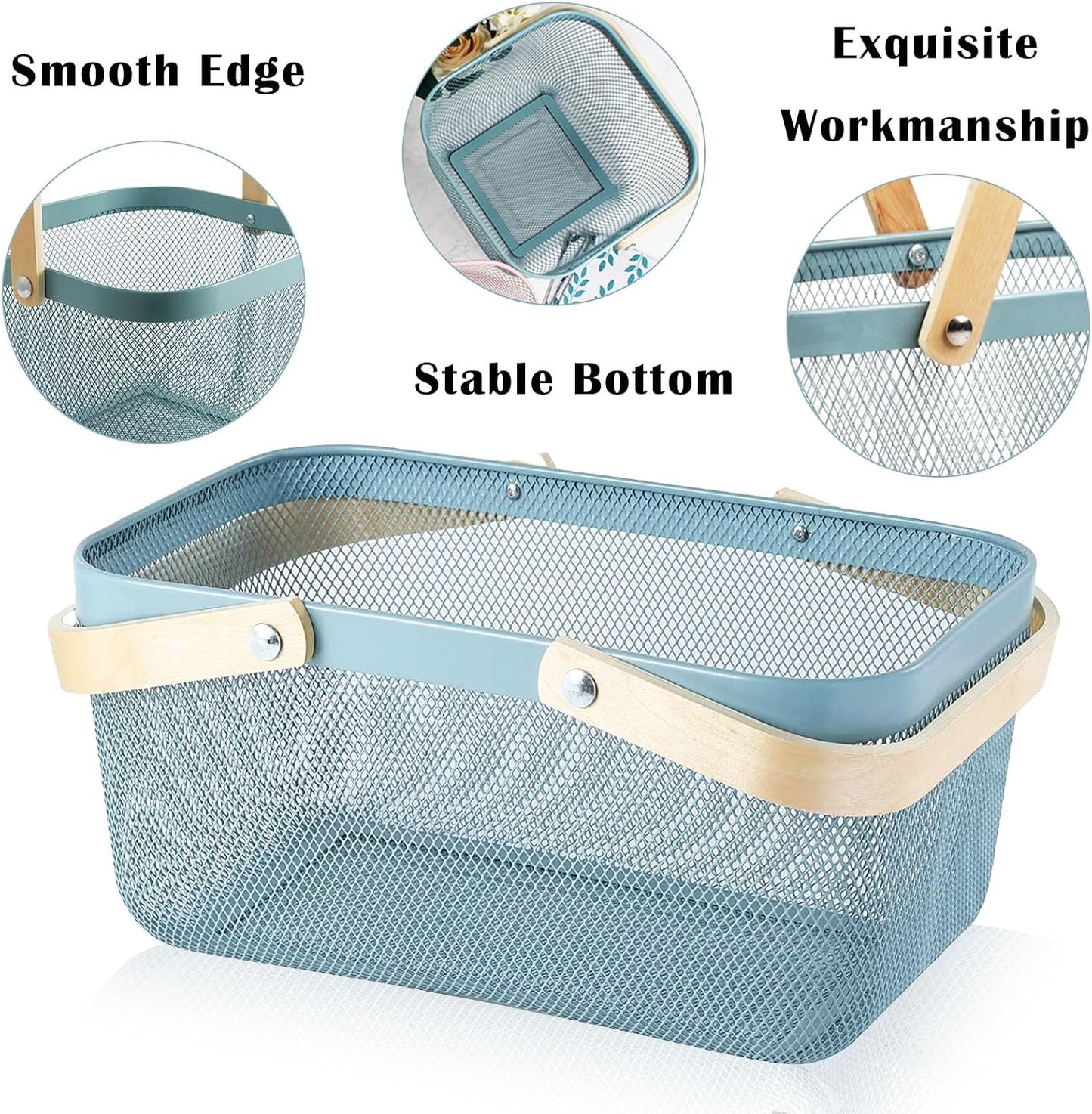 Cheardia 2 Pack Picnic Baskets, Metal Mesh Harvest Basket with Foldable Wooden Handle, Rectangle Garden Storage Basket Bin for Vegetable Fruit Garden Kitchen Cabinet Picking Gathering