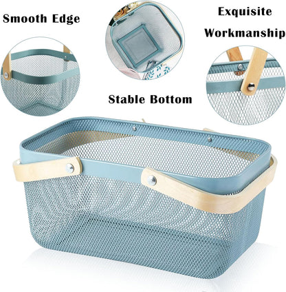 Cheardia 2 Pack Picnic Baskets, Metal Mesh Harvest Basket with Foldable Wooden Handle, Rectangle Garden Storage Basket Bin for Vegetable Fruit Garden Kitchen Cabinet Picking Gathering