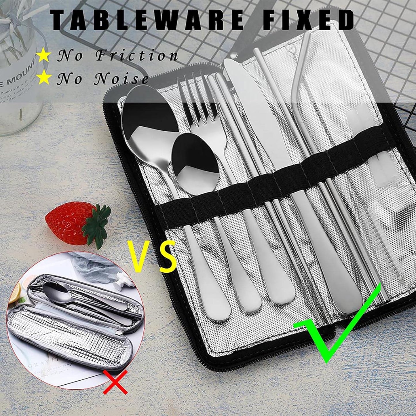 VANDBAO Camping Utensils Set, Portable Travel Utensils with Case for Fixing Tableware, Reusable Stainless Steel Stable Cutlery Set, Lunch Picnic Flatware Silverware (Rainbow Set)