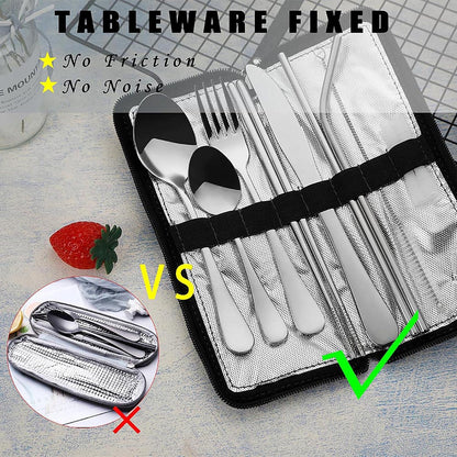 VANDBAO Camping Utensils Set, Portable Travel Utensils with Case for Fixing Tableware, Reusable Stainless Steel Stable Cutlery Set, Lunch Picnic Flatware Silverware (Rainbow Set)