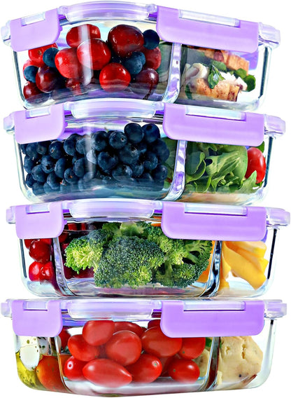 FIT Strong & Healthy 2 and 3 Compartment Glass Meal Prep Containers – Glass Bento Box for Adults, Portion Control, Food Storage, Lunch Container, Oven & Freezer Safe, Leak-Proof, 32 oz, Gray, 4 Pack
