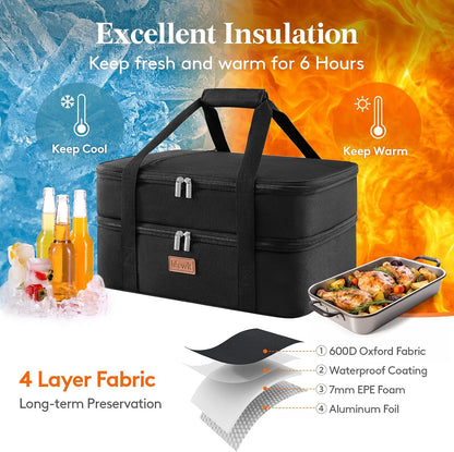 Lifewit Insulated Double Decker Casserole Carrier for Hot or Cold Food, Casserole Dish Carrying Case, Lasagna Holder for Potluck Parties, Picnic and Cookouts, Fits 9"x13" Baking Dish, Grey