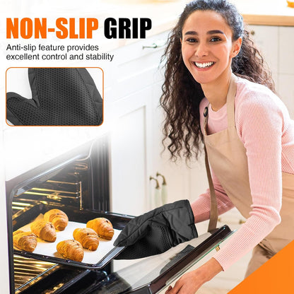 Silicone Oven Mitts, Heat Resistant 2PCS Oven Mitts with Soft Cotton Lining, Waterproof Non-Slip Grip Oven Glove, Kitchen Potholder Mits for BBQ, Baking, Cooking, 12.5 Inch - Grey