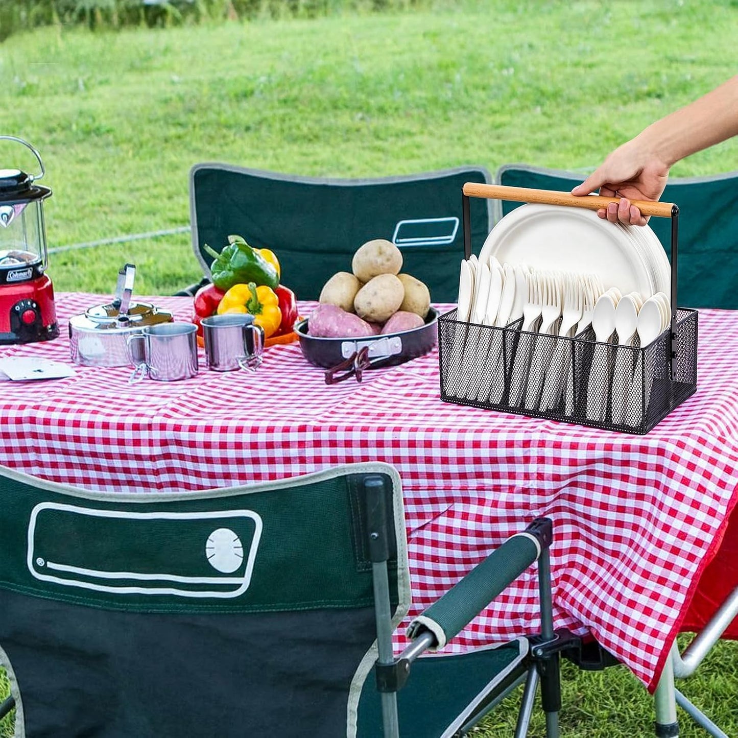 Paper Plate Organizer with Handle, Silverware Caddy Countertop, Paper Plate and Utensil Holder, Cutlery Caddy with 4 Compartments for Party, Camping, Picnic (Black)