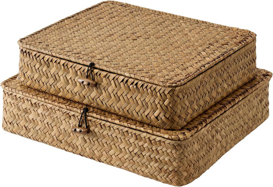 StorageWorks Wicker Basket with Lid, Flat Wicker Storage Bins with Lids, Decorative Storage Boxes with Lids, Water Hyacinth Baskets for Organizing, Woven Basket for Shelves