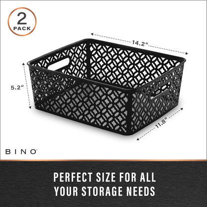 BINO l Plastic Storage Baskets, Large - Grey l THE BLOSSOM COLLECTION l Multi-Use Organizer Bin l Built-in Handles l Plastic Woven Basket for Organizing l Pantry & Home Organizing Basket