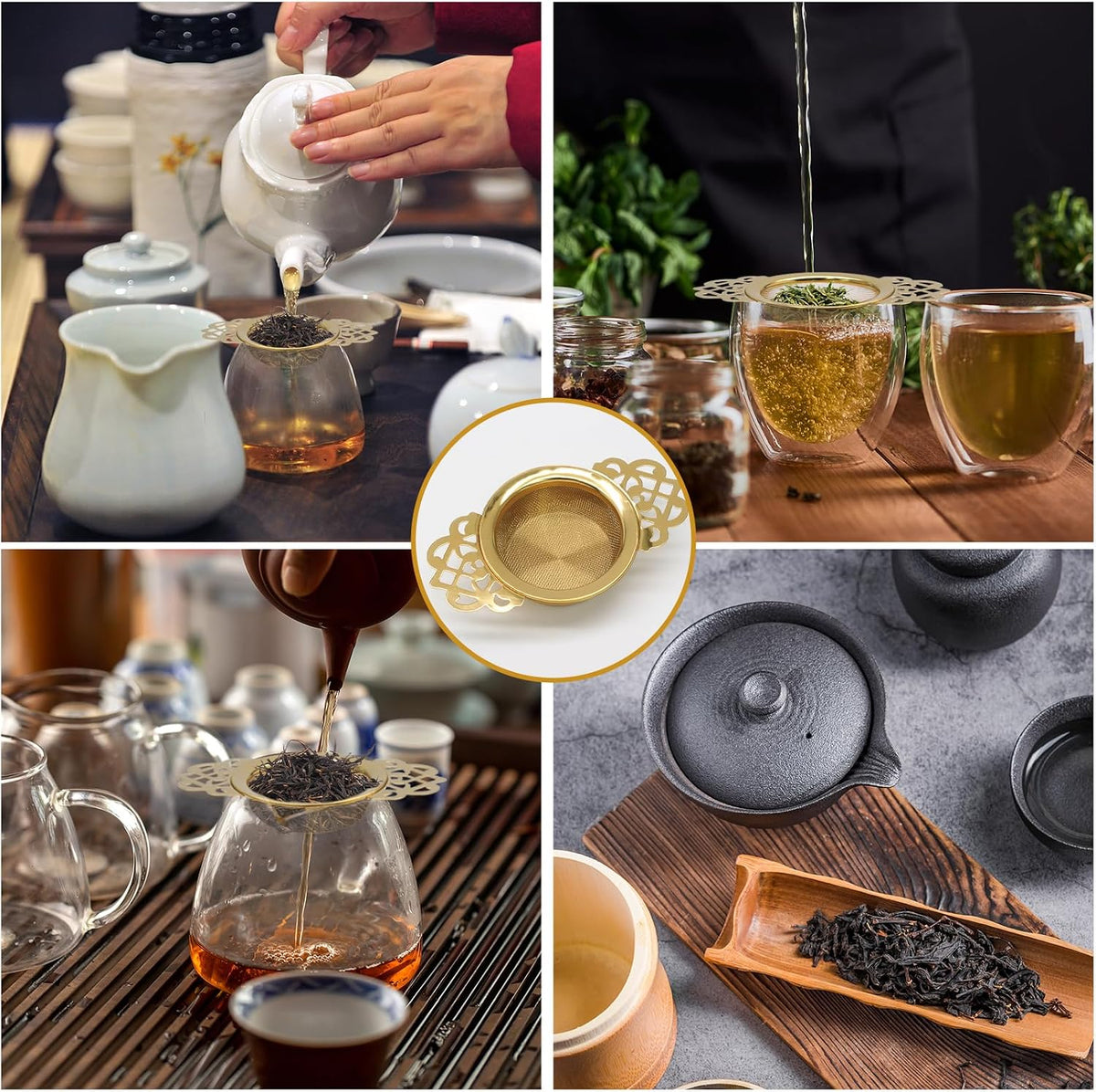 Tea Strainers with Drip Bowls, Gold, 2 Pack