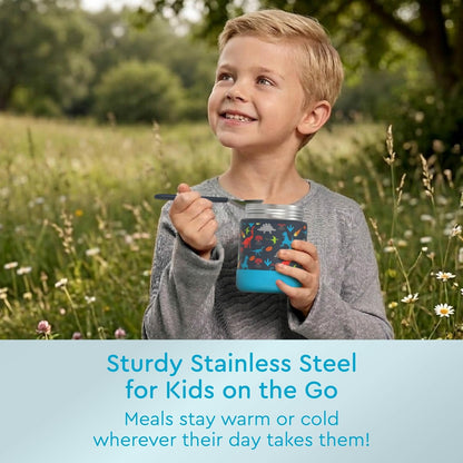 Bentgo Kids Stainless Steel Food Jar - 11oz Leak-Proof Double Insulated Hot or Cold Food Container with Removable Silicone Bumper, Dishwasher Safe, Easy Open Lid, Ages 3+ (Trucks)