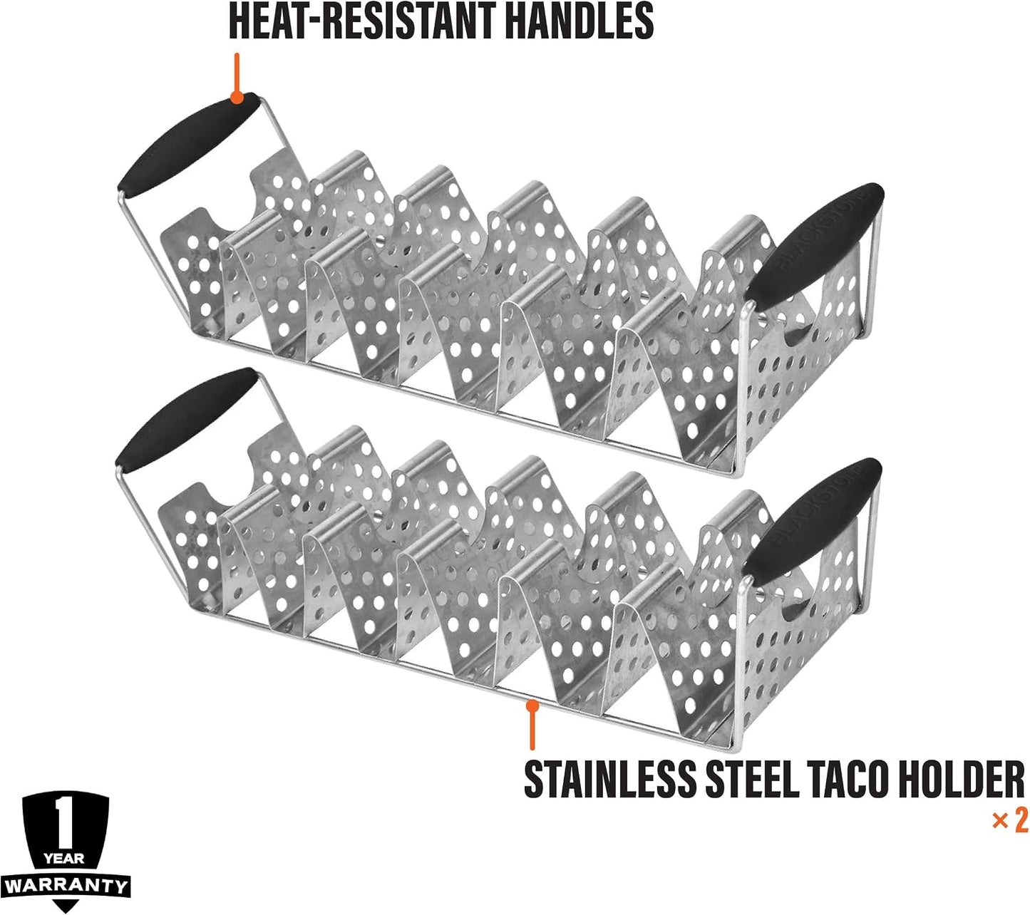 BLACKSTONE 5551 Deluxe Taco Holder Stand Pack of 2 - Stainless Steel Taco Racks With Heat Resistant Handles - One Tray Holds 6 Tacos - Dishwasher Safe, Black/Silver