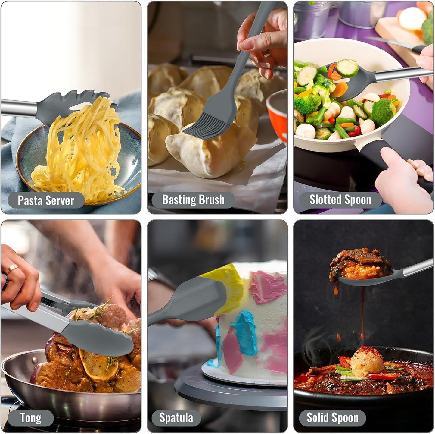 E-far 14 Pieces Silicone Cooking Utensils Set, Kitchen Utensils Set with Holder, Spatula, Ladle, Spoon, Tong, Slotted Turner for Nonstick Cookware, Heat Resistant & Stainless Steel Handle, Black