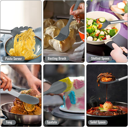 E-far 14 Pieces Silicone Cooking Utensils Set, Kitchen Utensils Set with Holder, Spatula, Ladle, Spoon, Tong, Slotted Turner for Nonstick Cookware, Heat Resistant & Stainless Steel Handle, Black
