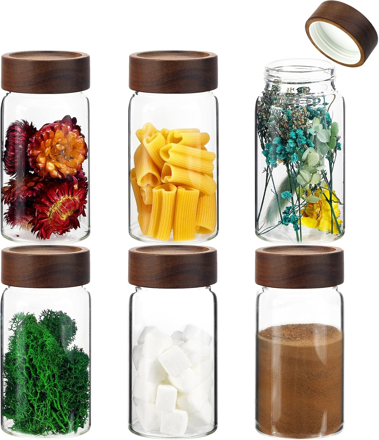 6 pc Glass Spice jars Glass Jars with Screw Lid 5 oz Acacia Wood Glass Herb Sugar Coffee Bean Ground Container Food Storage Canister for Candy Pantry Tea Seasoning Meal Prep Snack (6*150ml(5oz))