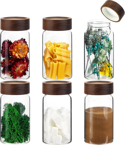 6 pc Glass Spice jars Glass Jars with Screw Lid 5 oz Acacia Wood Glass Herb Sugar Coffee Bean Ground Container Food Storage Canister for Candy Pantry Tea Seasoning Meal Prep Snack (6*150ml(5oz))
