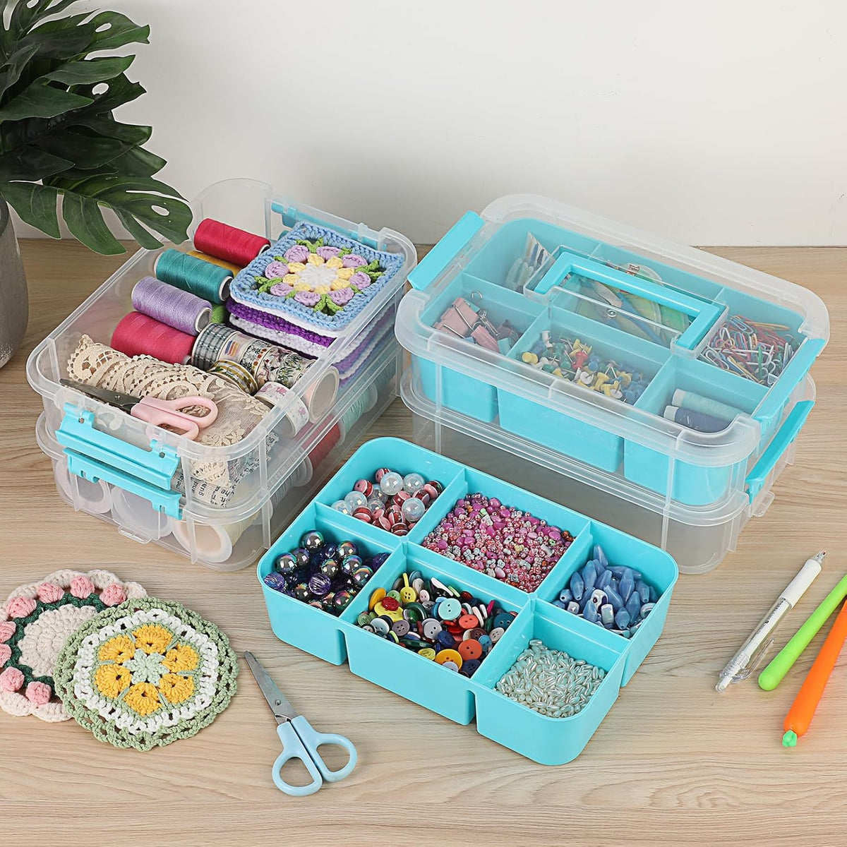 JUXYES 4-Tiers Plastic Stack Carry Storage Containers Box wih Handle Lids | Clear Stackable Latching Storage Bin With 2 Tray for School Office, Organizing Sewing, Art Craft, DIY Supplies, Blue