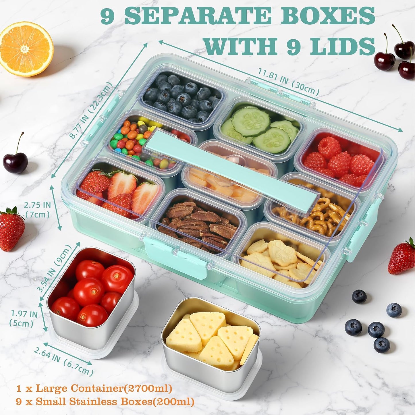 Snackle Box Container, Stainless Steel Snack Containers for Adults, 9 Compartments Divided Serving Tray with Lids and Handle, Portable Snack Platter for Parties, Grey