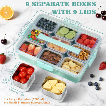 Snackle Box Container, Stainless Steel Snack Containers for Adults, 9 Compartments Divided Serving Tray with Lids and Handle, Portable Snack Platter for Parties, Grey