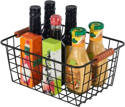JUNCHU CHERRY Wire Kitchen Storage Basket 4 Packs,Perfect Pantry Organization Accessories Baskets,Laundry Basket,With a Wooden handle,Suitable for Kitchen,Bathroom,Bedroom,Tabletop,Stackable,Black