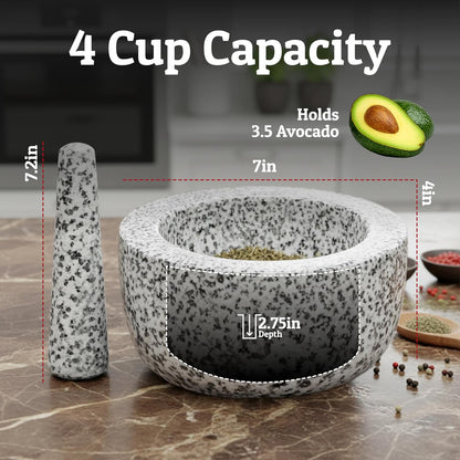 Priority Chef Heavy Duty Large 1.5 Cup Mortar and Pestle Set, 100% Natural Granite, 5.5 Inch Diameter Bowl, 6.2 Inch Pestle, Non-Slip Base, Stone Grinder for Guacamole Salsa Pesto Herbs Spices, Black