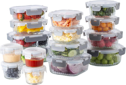 COOK WITH COLOR Premium 32-Pc. Borosilicate Glass Food Container Set with Dividers - 4 Rectangles, 8 Rounds, 4 Squares - Leakproof Lids - Meal Prep, Storage, Grey
