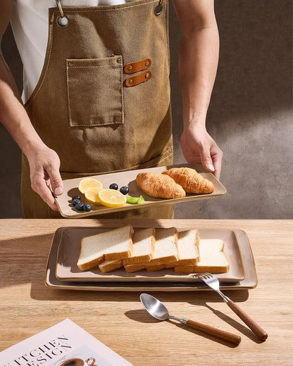 Famiware Serving Platter, Rectangular 15.67/14.1/12.6inch Serving Dishes for Entertaining, Microwave Dishwasher Safe, Stoneware Serving Trays for Party, Turkey, Cheese, Ocean Series, Cappuccino White