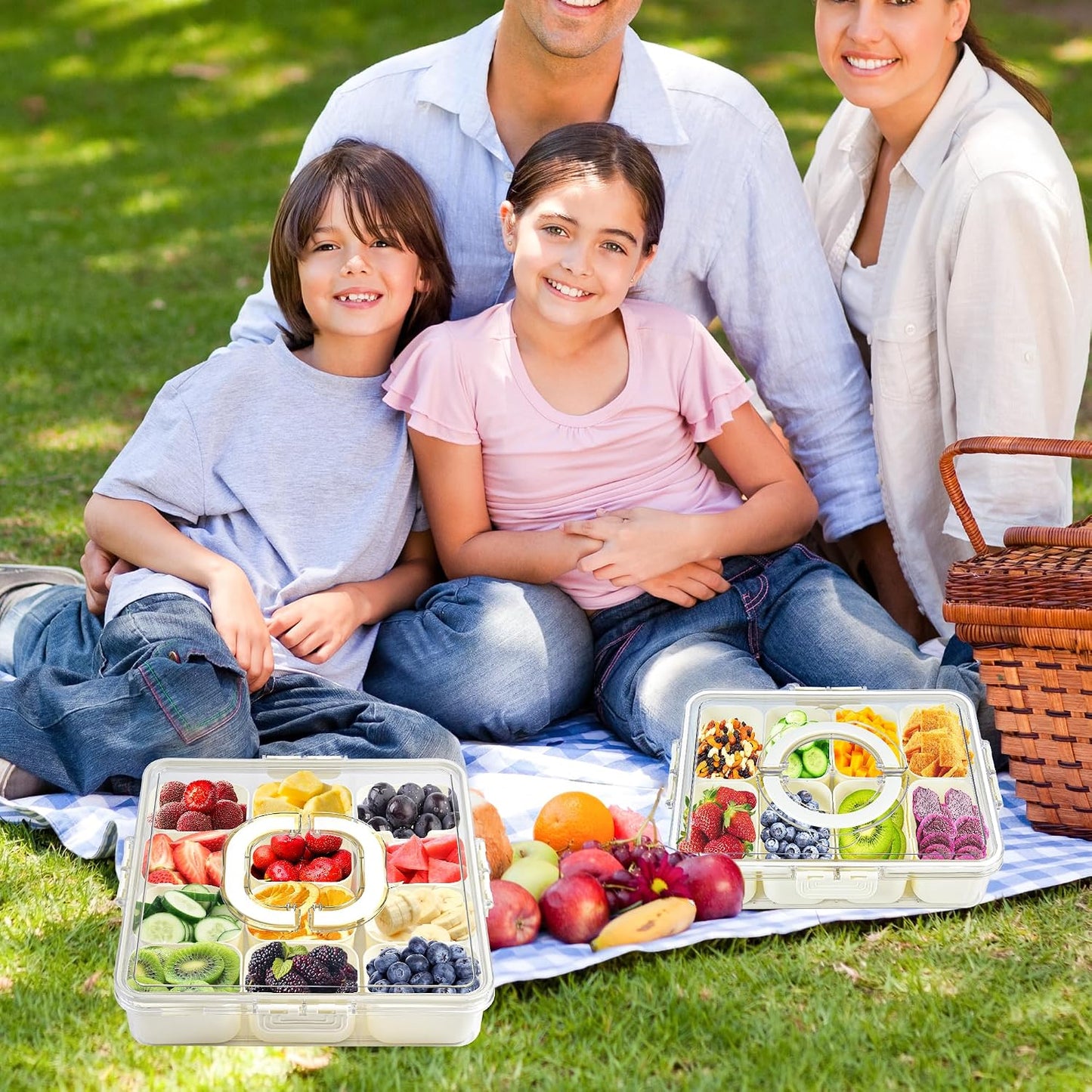 Snackle Box Charcuterie Container Divided Serving Tray with Lid and Handle Portable Snack Platters for Fruit Nuts Candy Entertaining Party Picnic(4 Compartments)