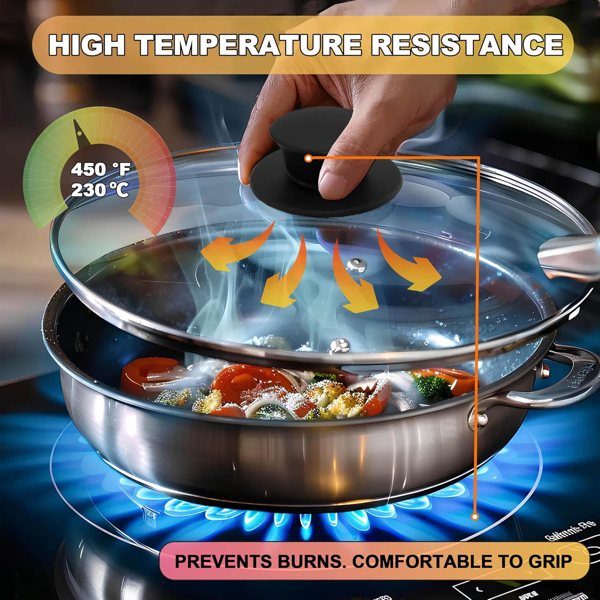 Lerykin Tempered Glass Lid - Universal Lid with Heat Resistant Silicone Rim for Pots, Pans and Skillets - Pan Cover Replacement Lid Fits 9.5", 10" and 11" Diameter Cookware