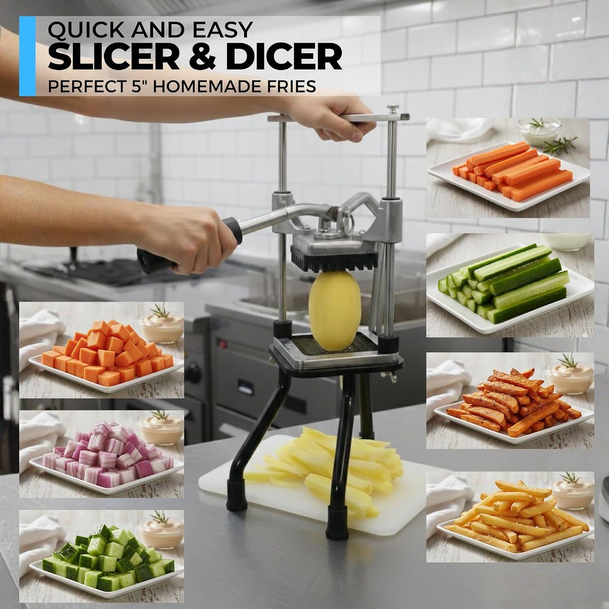 2-Blade French Fry Cutter - Stainless Steel Potato Slicer, Non-Slip Suction