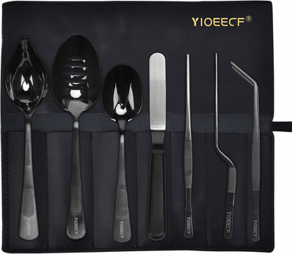 Chef Plating Tools Set, 8 Pcs Stainless Steel Culinary Plating Tweezers Spoon Kit with PU Leather Bag, Professional Food Art Decorating Tools for Home Kitchen Restaurant