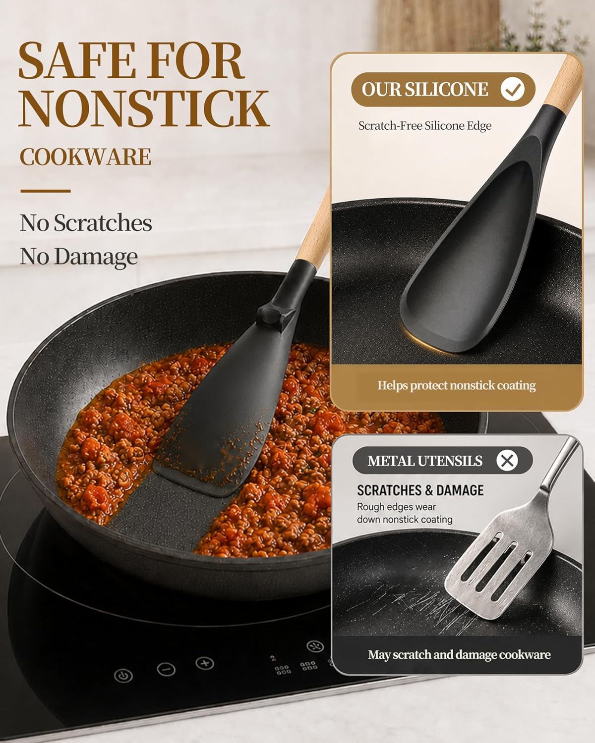 Astercook Cooking Spoon, 2 Pack, Nonstick Safe Silicone Spoonula Spatula