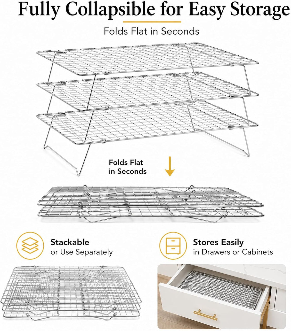 Cooling Rack 16"x10", 3-Tier Stackable & Collapsible Cooling Racks