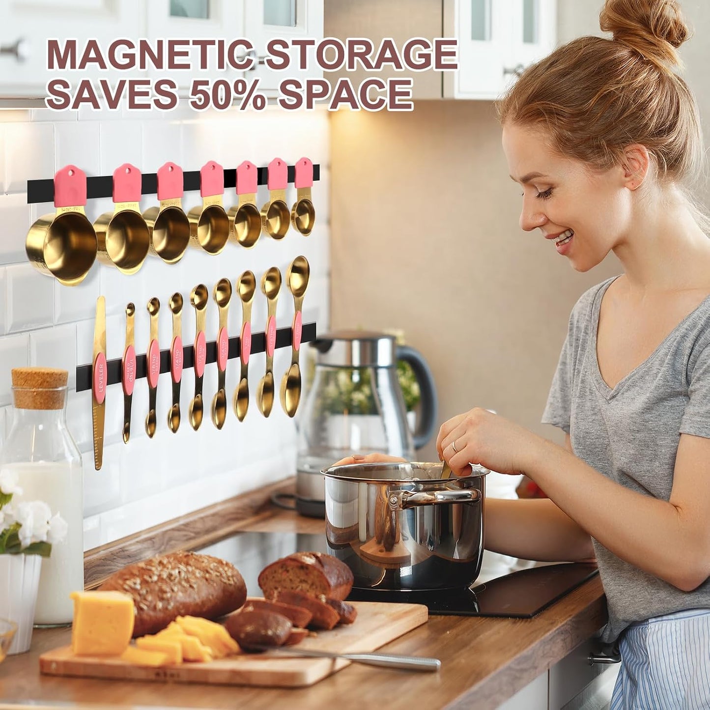 16-Piece Stainless Steel Measuring Cups and Spoons Set, Strong Magnetic Nesting Design 7 Cups 8 Spoons with Leveler, Double Measurement Markings for Dry & Liquid Ingredients, Gold
