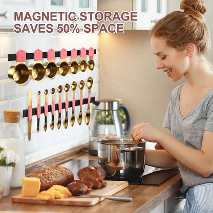 16-Piece Stainless Steel Measuring Cups and Spoons Set, Strong Magnetic Nesting Design 7 Cups 8 Spoons with Leveler, Double Measurement Markings for Dry & Liquid Ingredients, Gold