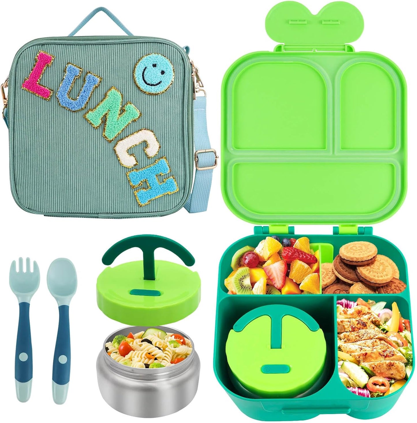 Lunch Box with Bento Box with 4 Compartment, with Leak Proof Thermo Food Jar, Preppy Corduroy Insulated Lunch Bag for Womens Girl Kids Teens School Travel Picnic (Purple)