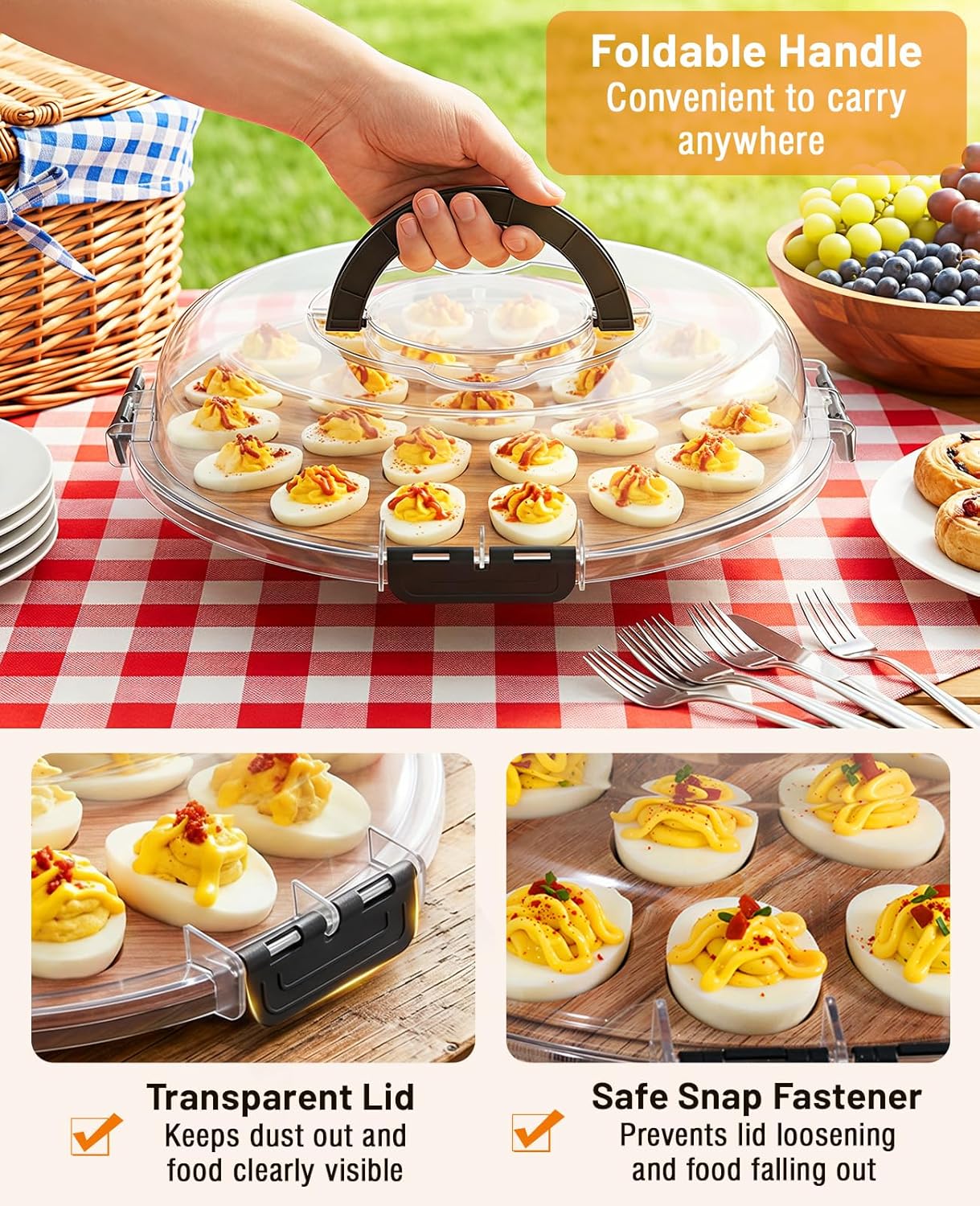 Nuovoware Deviled Egg Containers with Lid, 11.8 x 11.8 Inch Acacia Wood Deviled Egg Platter Tray with 25 Slots and Portable Handles for Home Kitchen Countertop Easter Holiday Party Picnic, Wood